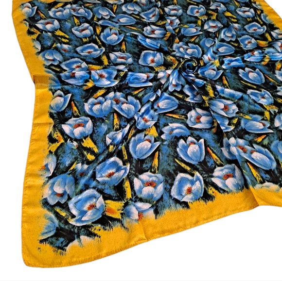 💖 2/$30 Boho blue yellow Floral square satin hair head & neck scarf - Picture 7 of 12